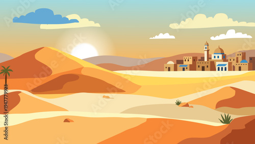 Flat vector illustration of a traditional desert village with sand dunes and a large sun at sunset.