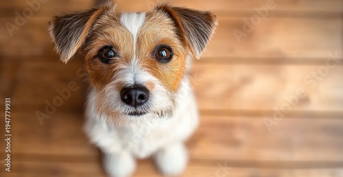 tiny puppy with perky ears and front paws on warm wooden floor looking up with curious, eager posture