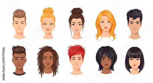 Vibrant collection of diverse illustrated character faces and upper busts, depicting various contemporary hairstyles, hair types, and colors for digital representations