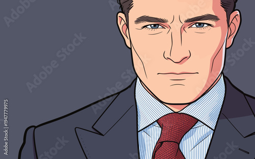 Man stands with a serious expression, wearing a suit and red tie. He has blue eyes and is set against a gray backdrop.