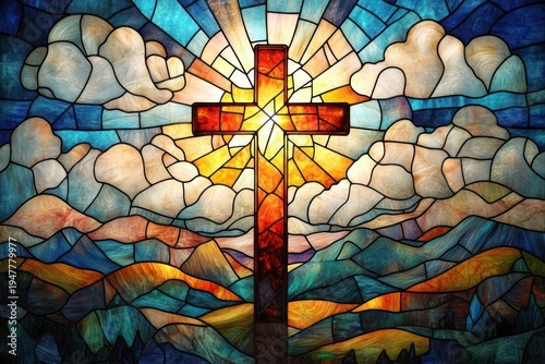 Uplifting stained glass window featuring a glowing cross with radiant sunbeams, soft clouds, rolling colorful hills and distant mountains, evoking hope and serenity