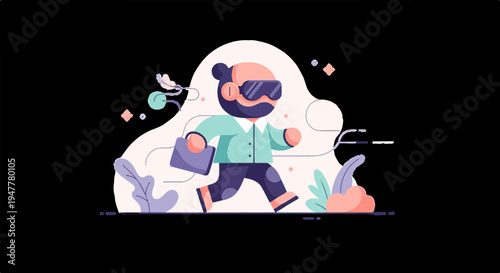 Man in VR headset with briefcase, running through abstract, playful scenery