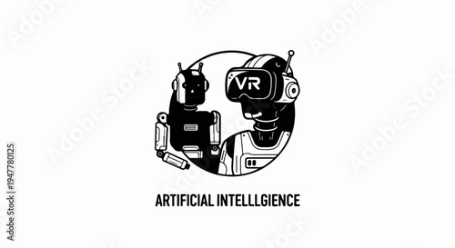 Two robots, one wearing VR goggles, inside a circle with text below