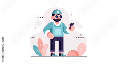 Man in workwear with beard, glasses, cap, holding smartphone