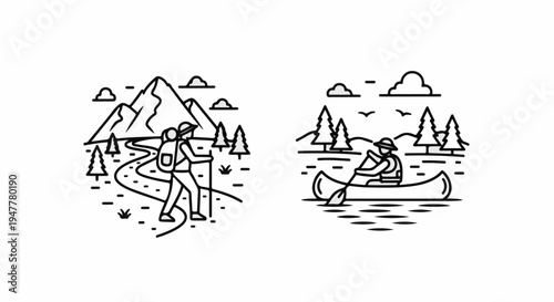 Two scenes depict outdoor adventure hiking in mountains and canoeing on water