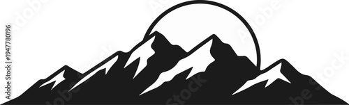Stylized silhouette of majestic mountain peaks with a sun cresting behind