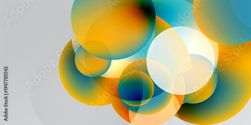 Abstract circles overlap, creating vibrant color blends. Orange, blue, white hues dominate dark background. Soft gradients present.