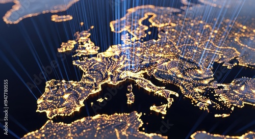 Europe Map with Glowing Data Beams Connecting Cities at Night for Digital Infrastructure and Global Business Logistics Concept