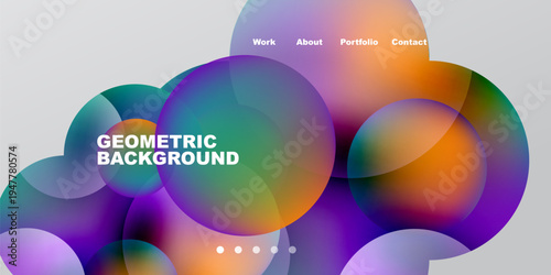 Abstract colorful shapes overlap black background. Website navigation visible above fluid design elements. Modern presentation style.