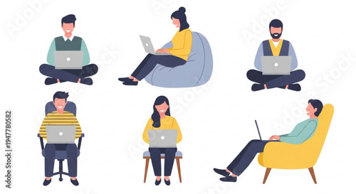 Diverse individuals engaged in digital tasks, illustrating remote work, online learning, or freelance activities with laptops in comfortable, varied settings, reflecting modern productivity