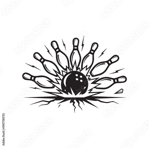 Bowling Ball Striking Pins With Explosion Effect Vector Illustration