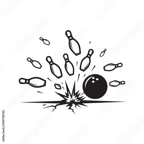 Bowling Ball Striking Pins With Explosion Effect Vector Illustration