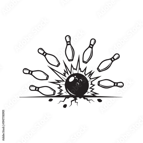 Bowling Ball Striking Pins With Explosion Effect Vector Illustration