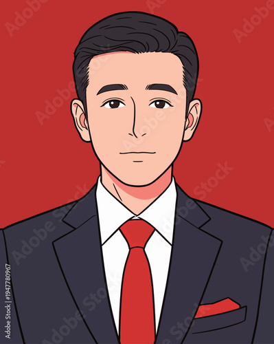 A man stands in a black suit with a red tie and pocket square. He looks directly at the viewer with a plain expression.