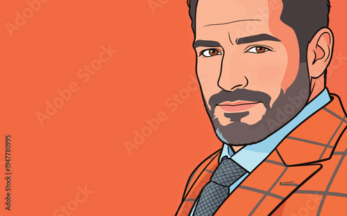 A man stands with a serious expression, wearing a suit with orange checkers. He poses confidently in a studio setting.