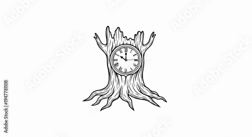 Intricate drawing of a tree stump with a clock face embedded within its wood grain