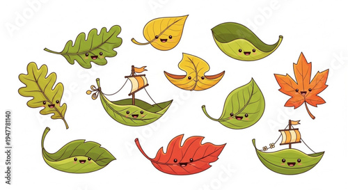 Charming cartoon leaves in various fall colors, each with a happy face, with some ingeniously crafted into delightful sailboats, creating a whimsical and joyful scene for seasonal nature themes