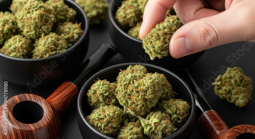 Hand holding a premium cannabis bud over bowls of dried marijuana flowers and smoking pipes for legal dispensary branding and medical wellness.