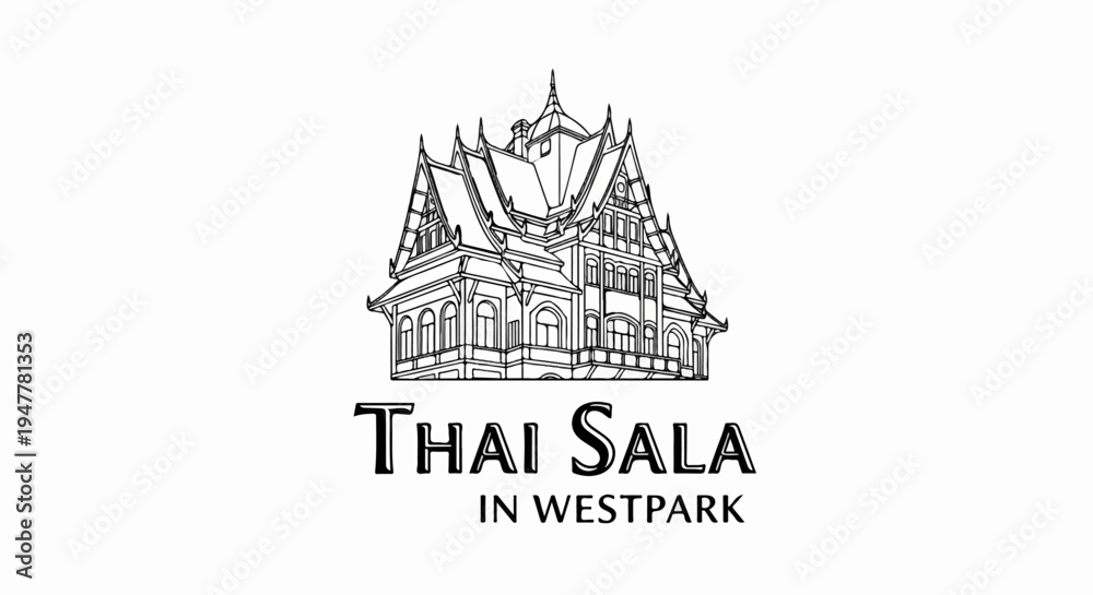 Fototapeta premium Stylized sketch of a traditional multi-story structure with ornate roofs and windows