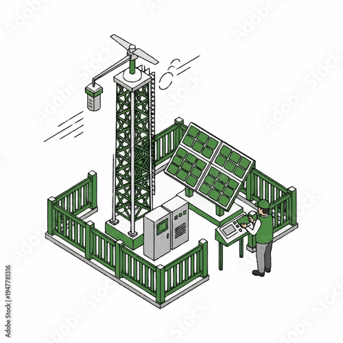Isometric illustration of a solar-powered weather station with a person operating the control panel, surrounded by a green fence.