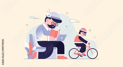 Man reading on laptop, child cycling, with decorative elements