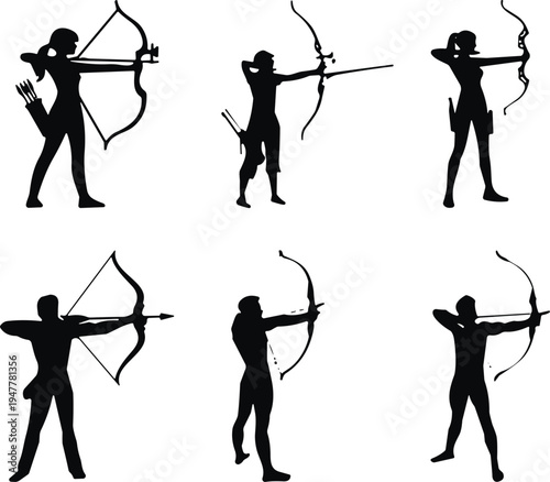 Archery archer silhouette set showing male and female bow hunters aiming arrows isolated on white background sport target practice competition and hunting concept