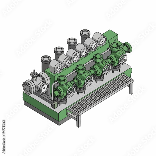 Isometric view of industrial equipment with multiple valves and gauges.