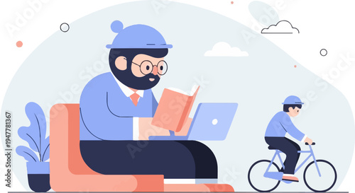 Man reading book on laptop, while another man cycles in the background