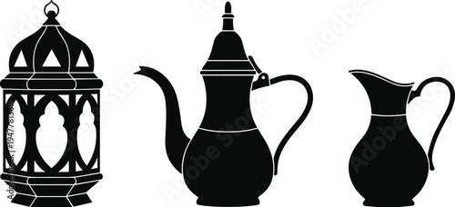 Arabic lantern and traditional coffee pot silhouettes with Islamic dallah and fanous symbols Ramadan cultural elements black vector set for Eid Mubarak design
