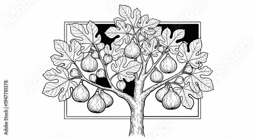 Intricate line drawing of a laden fig tree with detailed leaves and fruit