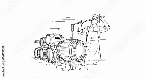 Man sampling liquid from barrel in cellar