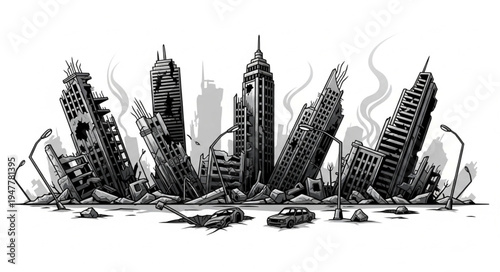 Skyscrapers in urban disaster zone.
