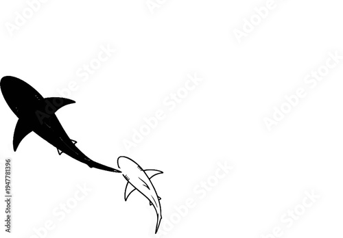 Two sharks, one solid black and one outlined, swim together in open white space