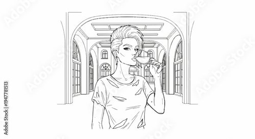 Woman with punk hairstyle drinks wine in a classical arched hallway