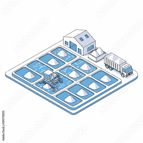 Isometric illustration of a salt evaporation pond with machinery and a truck.