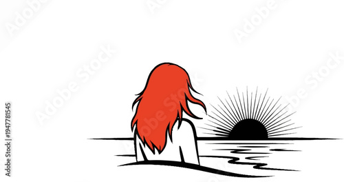 Woman with red hair watches the sun setting over calm waters