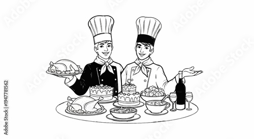 Two smiling chefs present a banquet feast with roast chickens, cakes, and wine