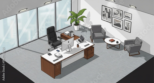 Isometric Office Space Design with Desk and Seating Area.