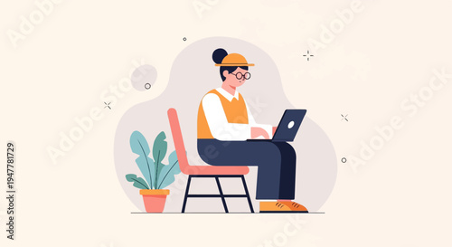 Person in a vest and hat sits on a chair, working on a laptop