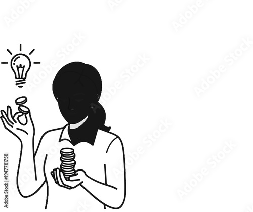 Woman with stack of coins and a lit bulb representing an idea