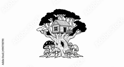 Whimsical treehouse nestled in an ancient tree surrounded by fantastical mushrooms