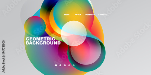 Abstract colorful shapes overlap. Gradient hues create dynamic visual effect. Text elements present work, about, portfolio, contact.