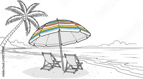 Tropical beach scene with palm tree, striped umbrella, and deck chairs