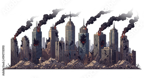 Smoke Rising from City Skyline.