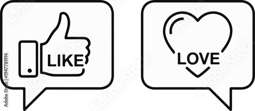 Two speech bubbles, one with a thumb up icon saying "LIKE", one with a heart icon saying "LOVE