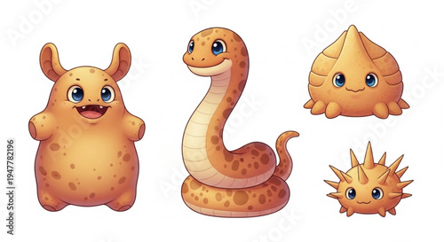 Adorable collection of five unique fantasy creatures in vibrant cartoon style. Friendly characters with diverse textures and expressive eyes, perfect for children's designs