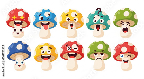 Whimsical Mushroom Characters with Various Expressive Faces, a Fun and Playful Collection of Illustrated Fungi
