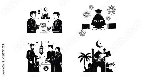 Islamic charitable giving and community scenes in monochrome vector style