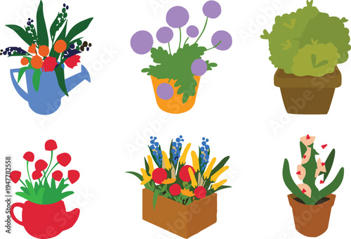 Colorful potted flowers and decorative plants collection flat vector illustration set with gardening pots for home decor, botanical design, indoor garden and nature theme