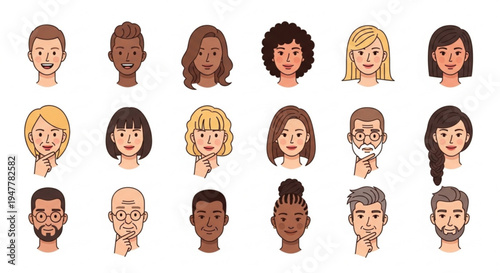 Diverse group of people's faces in a colorful illustration, representing various ethnicities, ages, and genders in a modern style